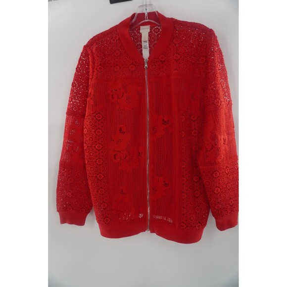 Chico's Women's Cherry Red Thick Floral Lace Crochet Zip Jacket Bomber Size L/2 - Picture 1 of 11